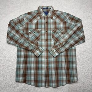 Pendleton Frontier Shirt Plaid Pearl Snap Pockets Western Teal Men's Size M‎